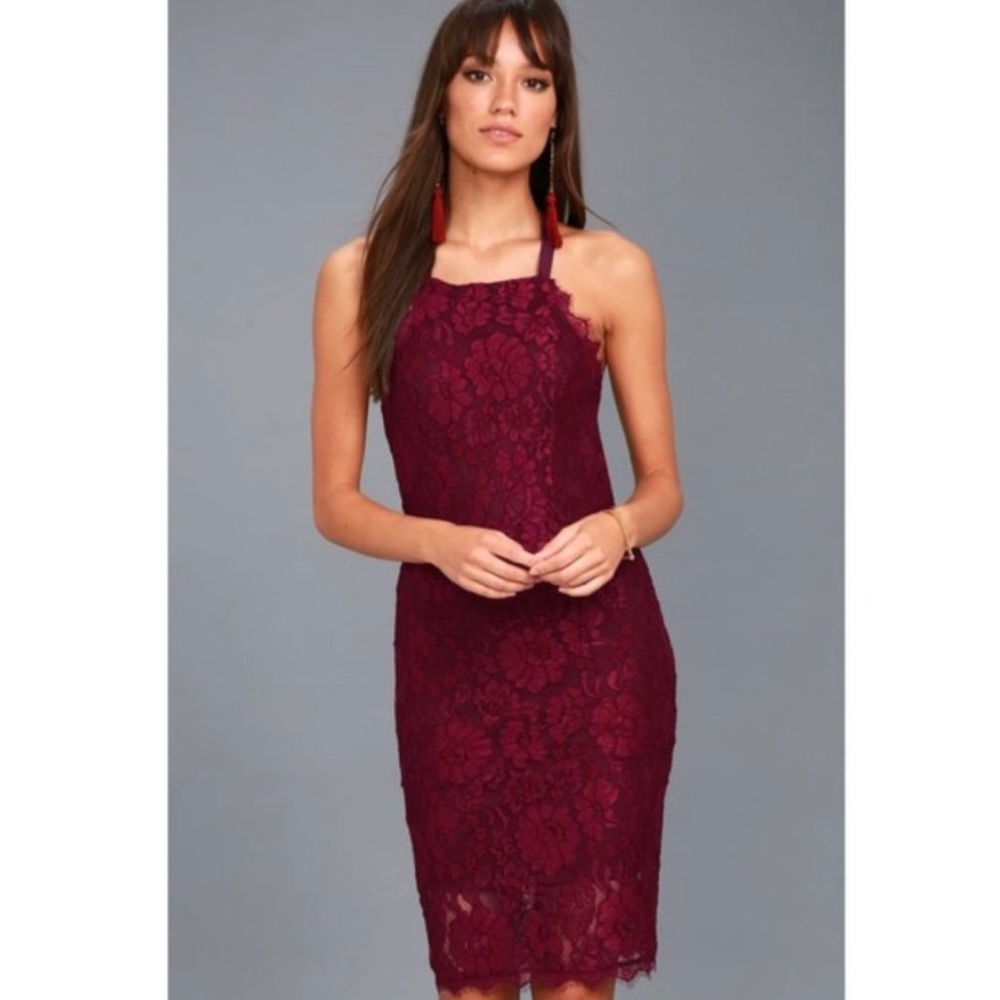 Lulu's Burgundy Red Wishful Wanderings Lace Bodycon Open Back Midi Dress